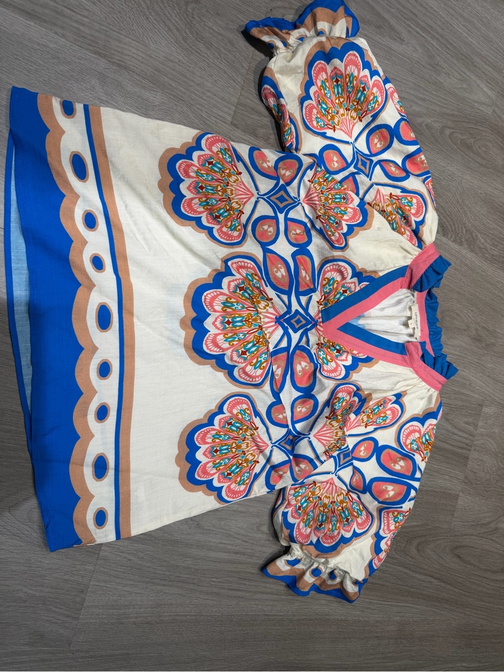 Umgee Cream Floral Print Peasant Top with Blue and Pink Accents